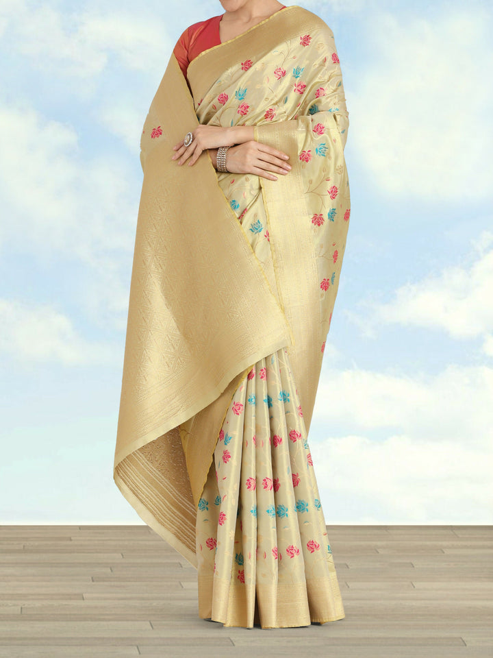 Cream Semi Banarasi tissue silk saree | SHOBITAM