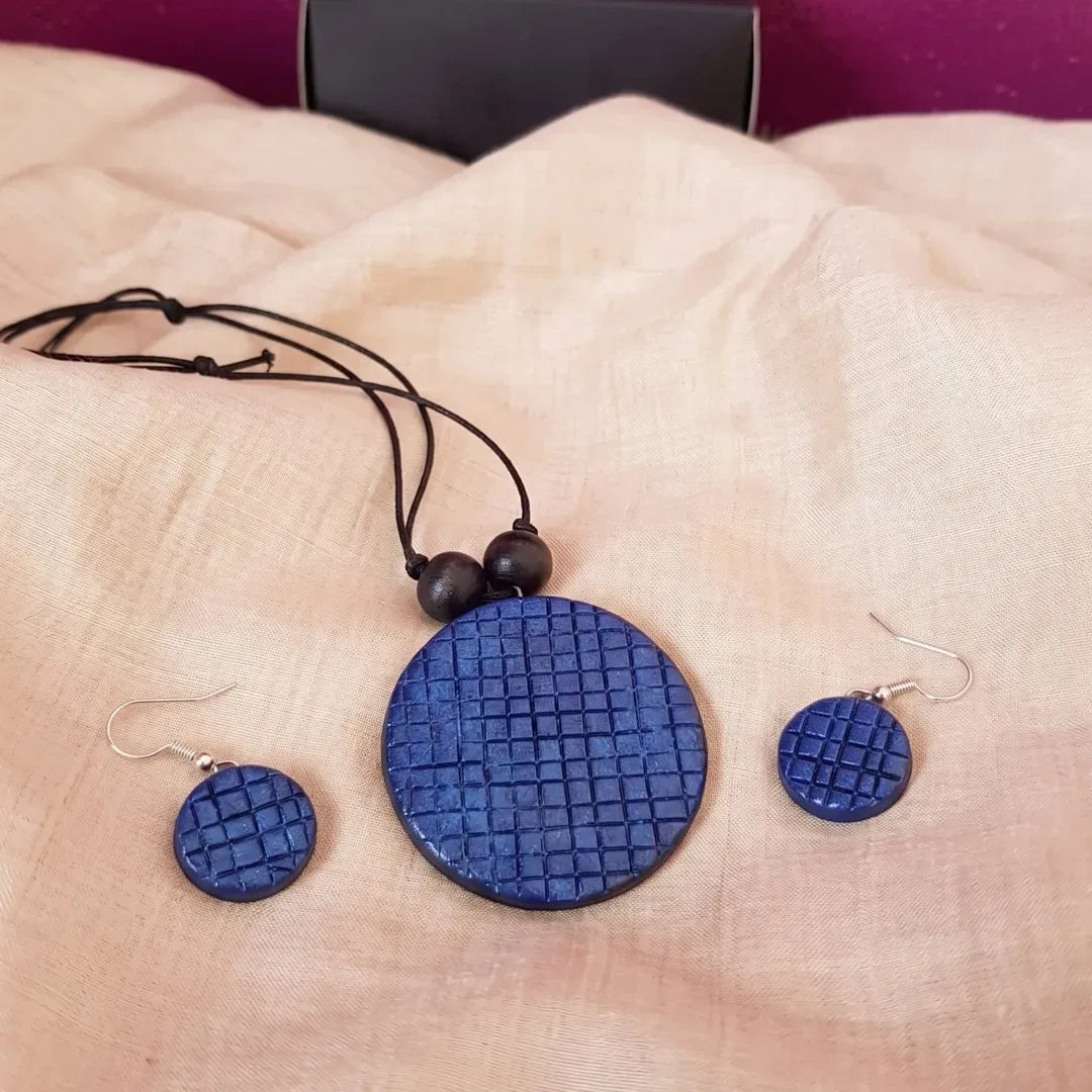 Terracotta Blue Round Pendant Necklace | Minimal Designer Statement Jewelry| SHOBITAM
