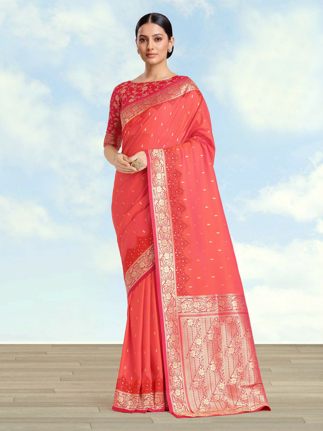 Banarasi Silk Coral Pink Color Weaving Saree  | SHOBITAM