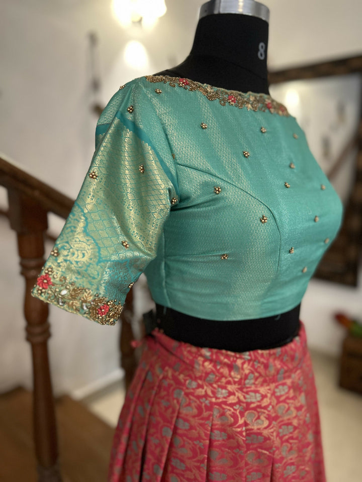 Tomato Red jacquard sea blue semi Kanchi lehenga | SHOBITAM