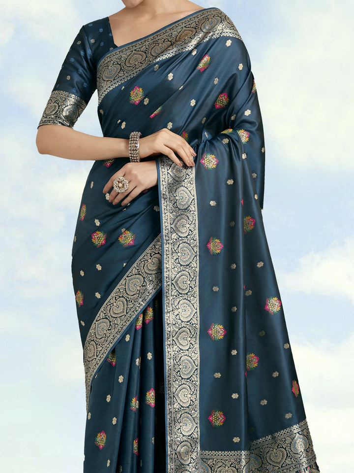 Teal Banarasi Zari Woven Satin Silk Saree | SHOBITAM