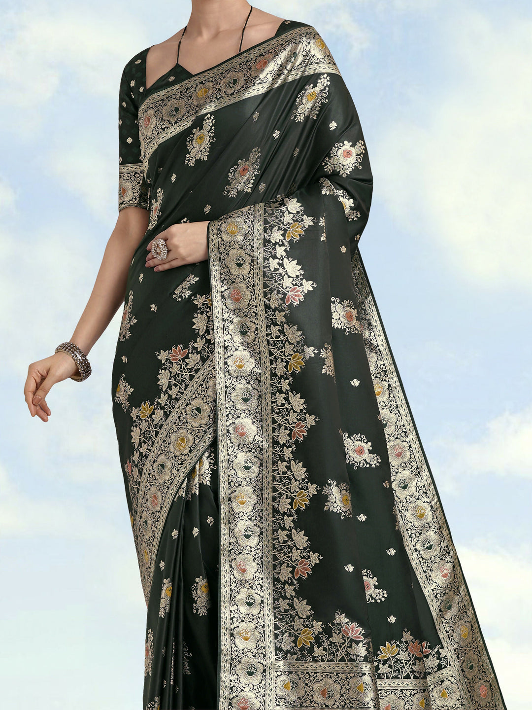 Dark Green Zari Woven Banarasi Satin Silk Saree | SHOBITAM