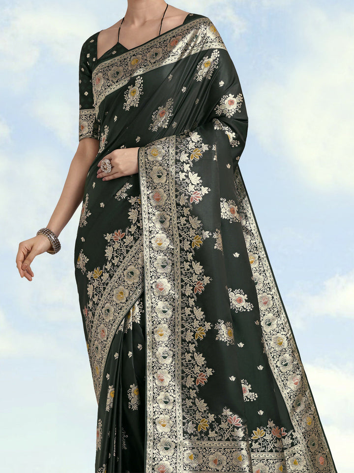Dark Green Zari Woven Banarasi Satin Silk Saree | SHOBITAM
