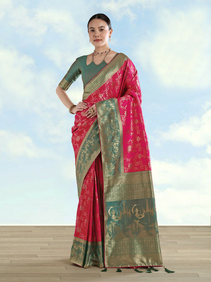 Rani Pink Banarasi Semi Silk Saree With Zari Woven Design | SHOBITAM