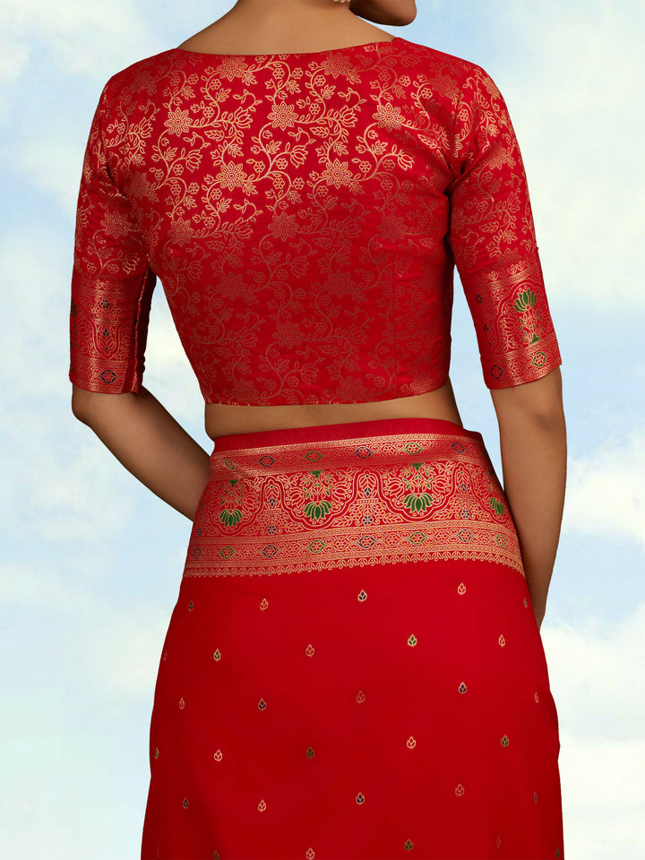 Red Banarasi Silk Blend Saree Comes with Unstitched blouse piece |SHOBITAM