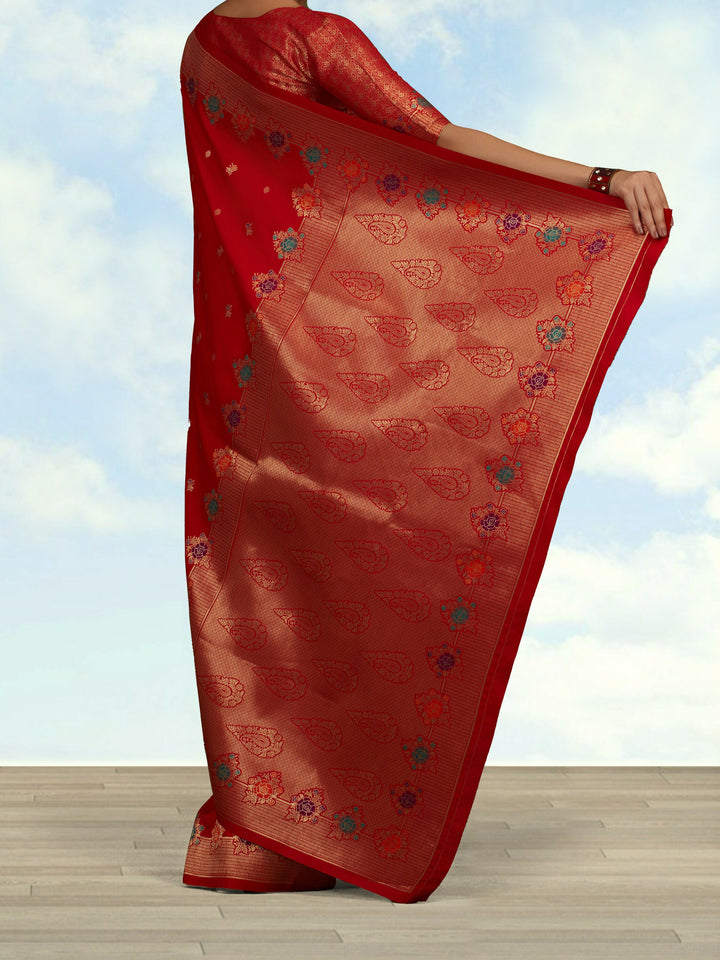 Red Semi Banarasi Silk Blend Saree With Zari Woven Work | SHOBITAM