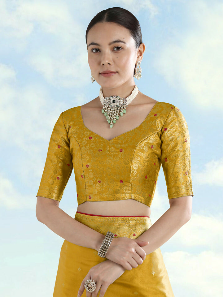 Mustard Color Paisley Zari Woven Semi Banarasi Tissue Silk Saree  | SHOBITAM