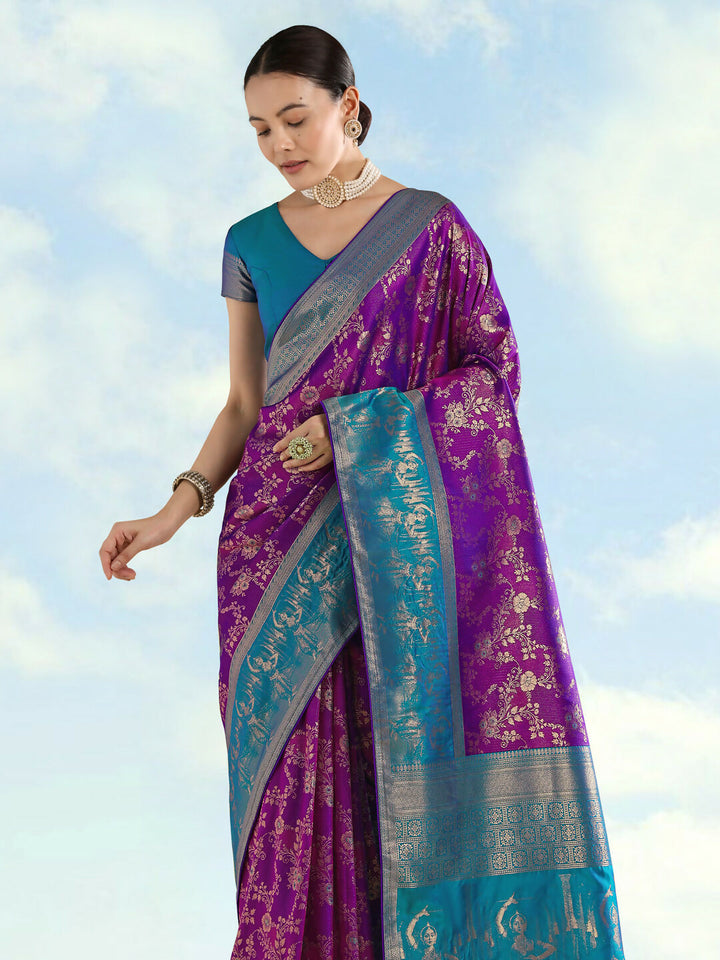 Purple Banarasi Semi Silk Saree With Zari Woven Design | SHOBITAM