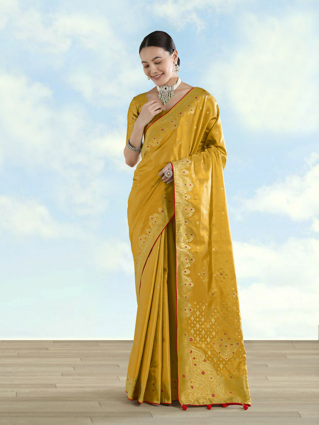 Mustard Color Paisley Zari Woven Semi Banarasi Tissue Silk Saree  | SHOBITAM