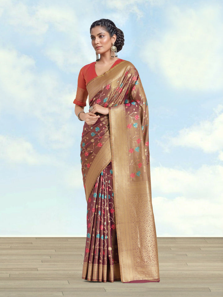 Light Brown Semi Banarasi tissue silk saree | SHOBITAM