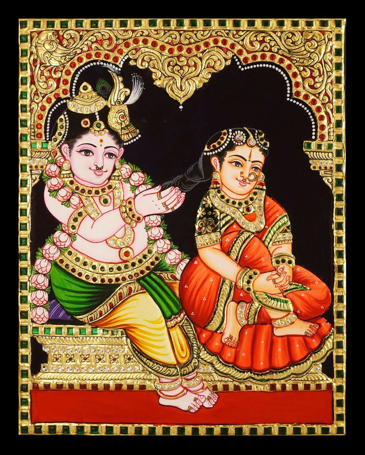 12*15 TANJORE PAINTING Yashoda with Krishna Authentic With 22 Ct Gold Foil and Jaipur Gemstones,Unframed | SHOBITAM
