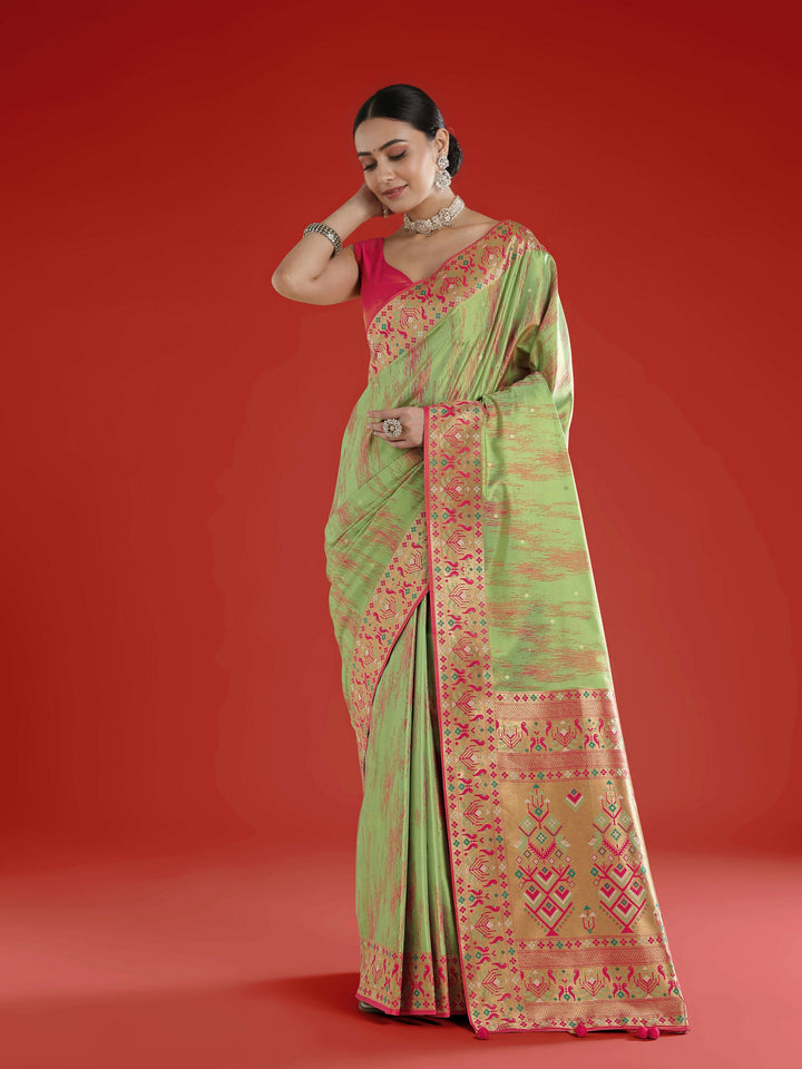 Light Green Color Semi Banarasi Tissue Silk Paithani Woven Saree | SHOBITAM