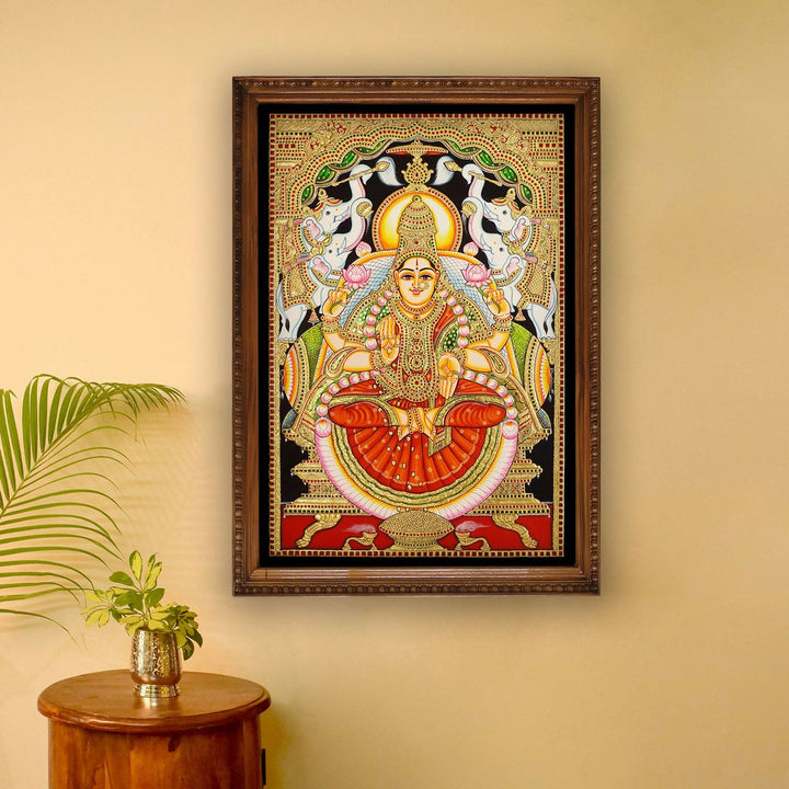 24*36 Authentic TANJORE PAINTING GAJA LAKSHMI With 22 Ct gold Foil and Jaipur Gemstones,Unframed | SHOBITAM
