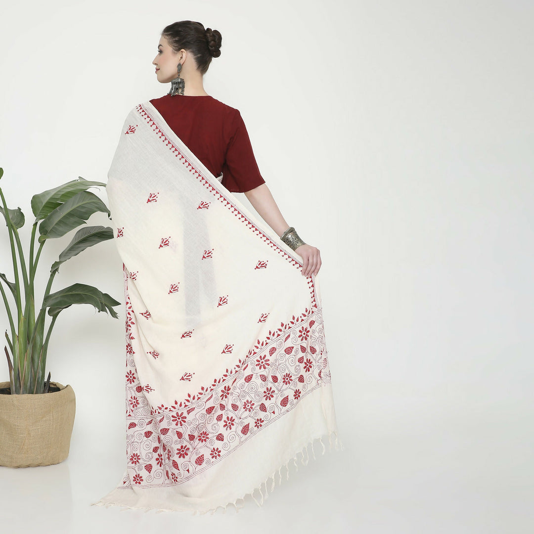 Magnolia Mul cotton saree with Kantha Stitch embroidery | SHOBITAM