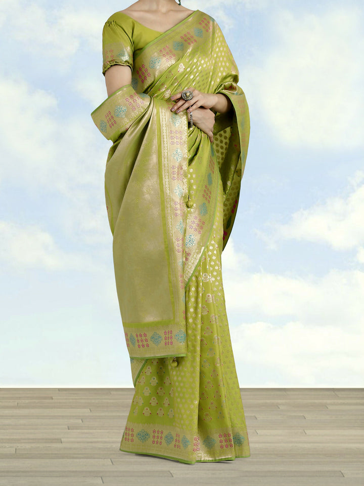 Lime Green Colour Banarasi Satin Silk Zari Weaving Saree | SHOBITAM