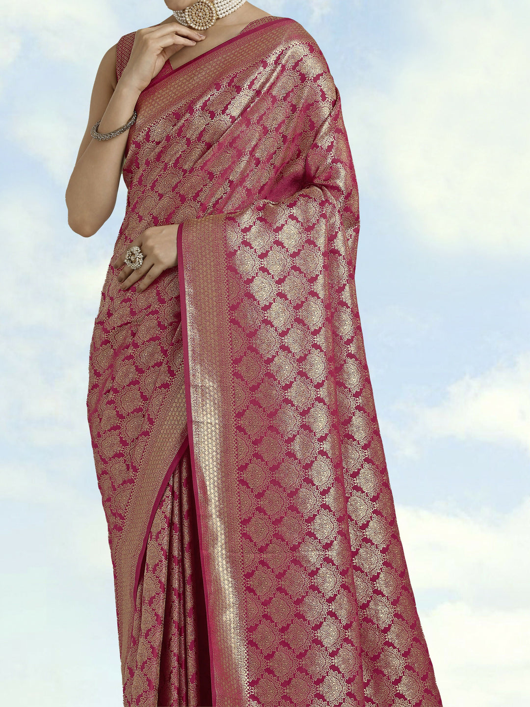 Dark Pink Banarasi Satin Silk Zari Weaving Work Saree | SHOBITAM