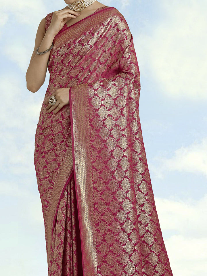 Dark Pink Banarasi Satin Silk Zari Weaving Work Saree | SHOBITAM