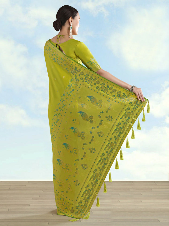 Pear Semi Banarasi Satin silk Saree With Zari Border And Butti Work | SHOBITAM