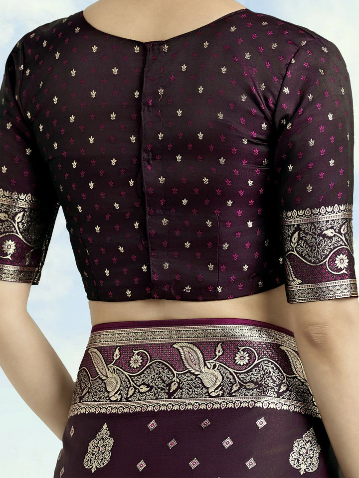 Wine Woven Banarasi Satin Silk Saree | SHOBITAM