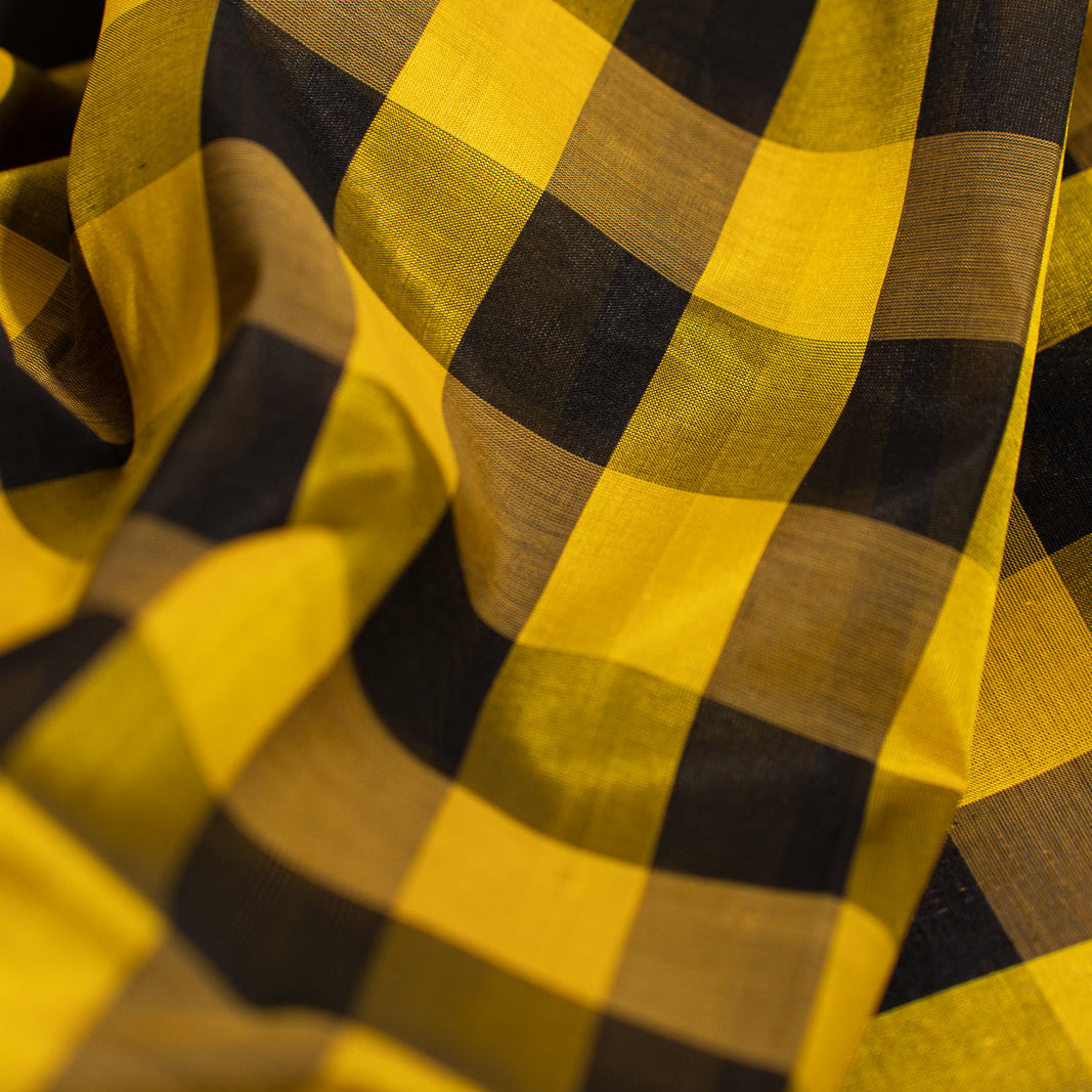 Yellow Black Kattam Kanchi Silk Cotton Saree Karpagam | SHOBITAM