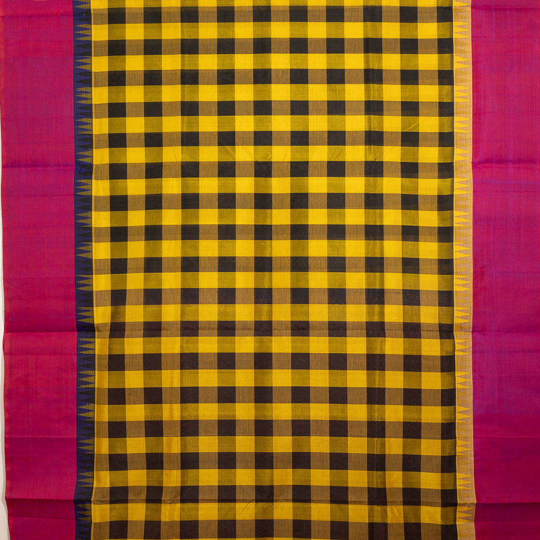 Yellow Black Kattam Kanchi Silk Cotton Saree Karpagam | SHOBITAM