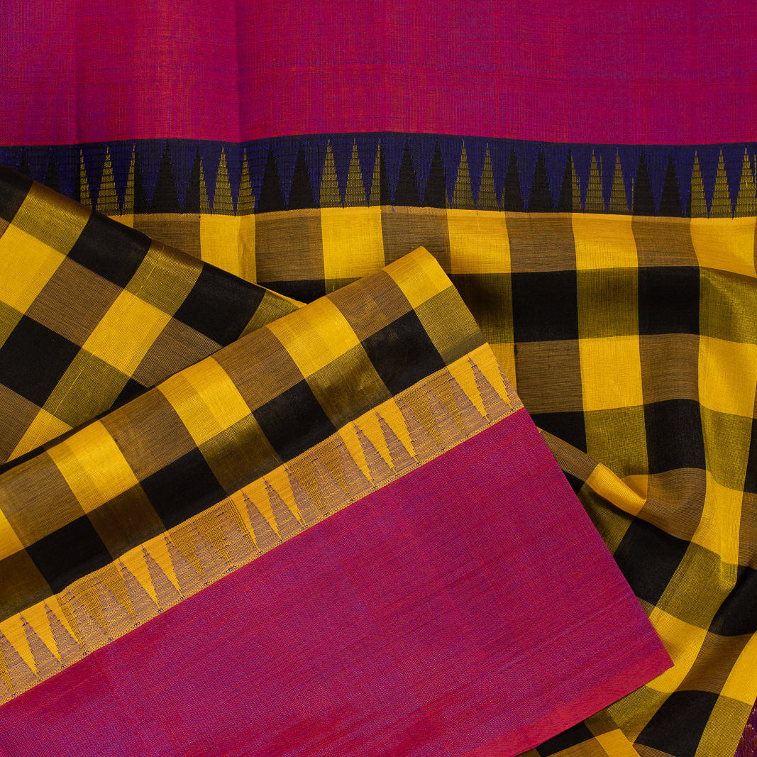 Yellow Black Kattam Kanchi Silk Cotton Saree Karpagam | SHOBITAM