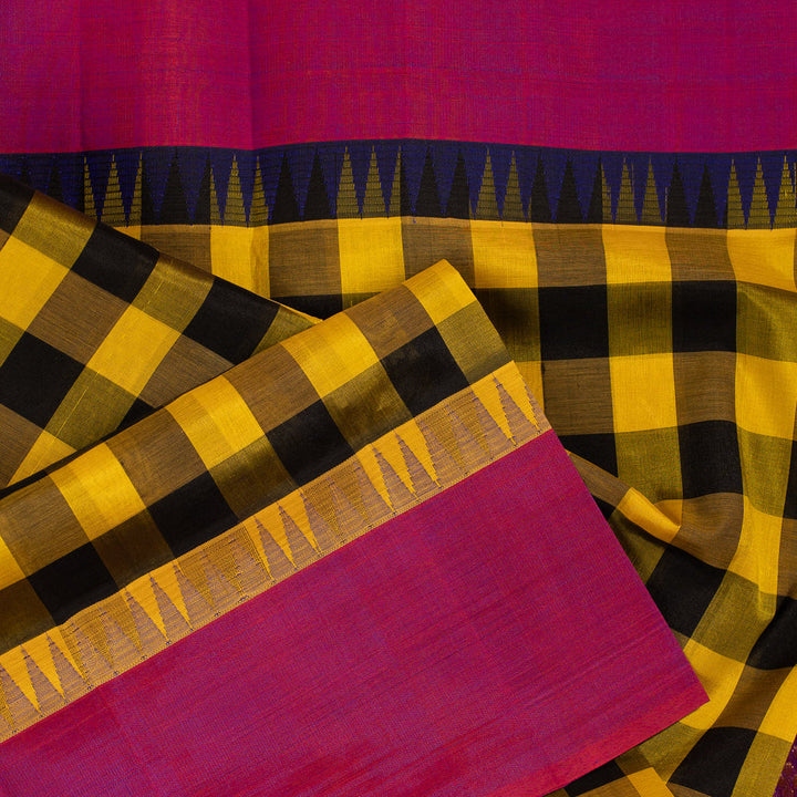 Yellow Black Kattam Kanchi Silk Cotton Saree Karpagam | SHOBITAM