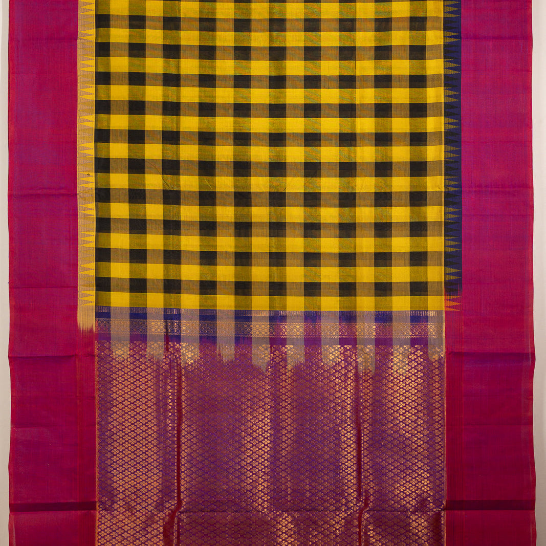 Yellow Black Kattam Kanchi Silk Cotton Saree Karpagam | SHOBITAM
