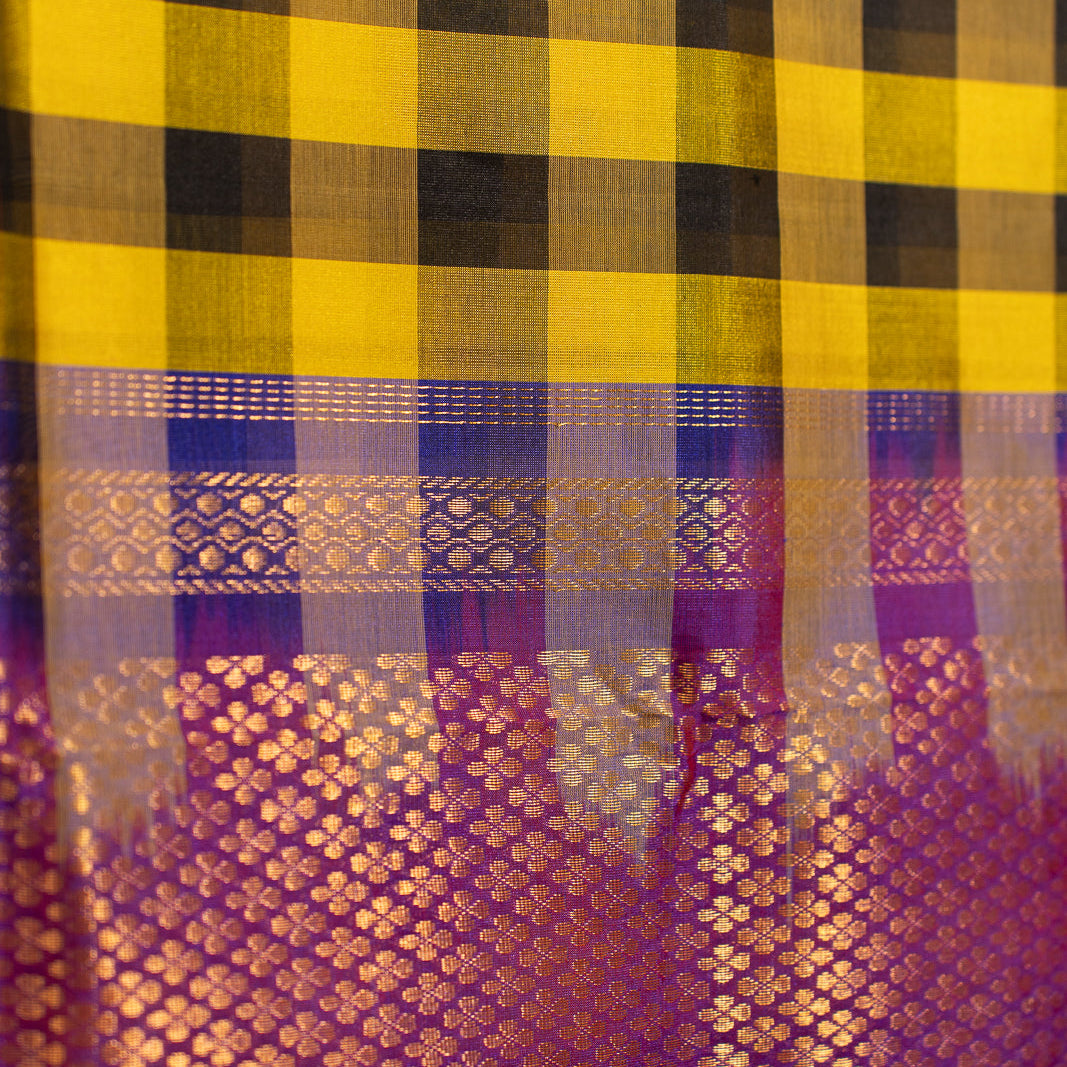 Yellow Black Kattam Kanchi Silk Cotton Saree Karpagam | SHOBITAM