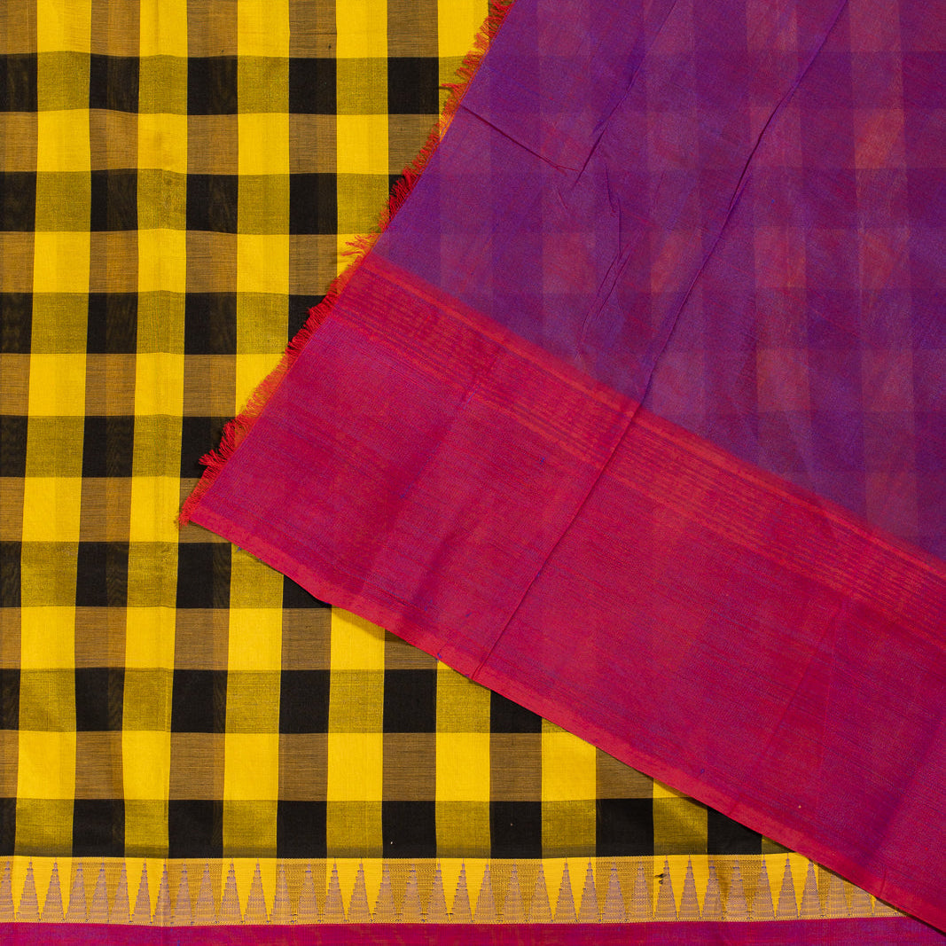 Yellow Black Kattam Kanchi Silk Cotton Saree Karpagam | SHOBITAM