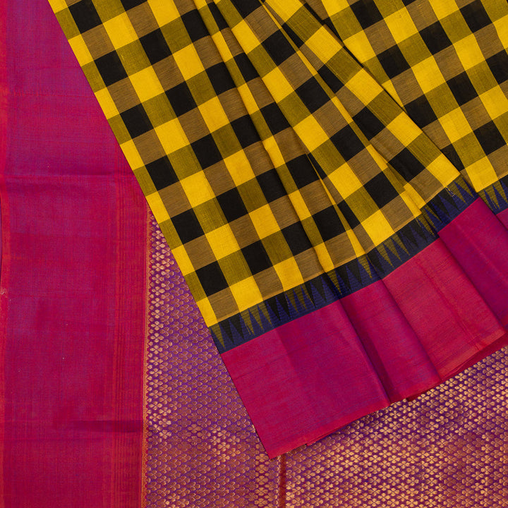 Yellow Black Kattam Kanchi Silk Cotton Saree Karpagam | SHOBITAM