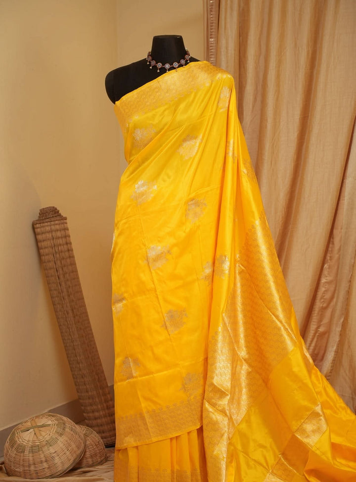 Yellow festive Banaras Silk Saree Gendaphool | SILK MARK CERTIFIED | Sobitam