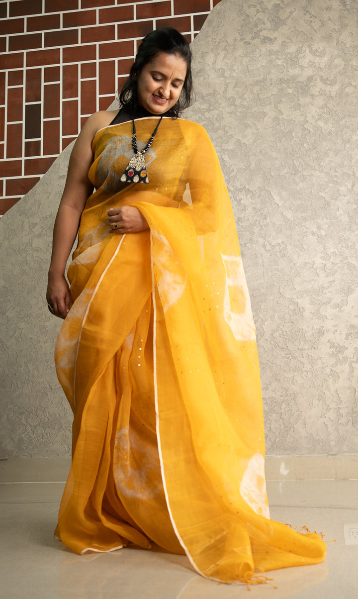 Yellow Handwoven Muslin Silk Saree Bhadra | SILK MARK CERTIFIED | SHOBITAM