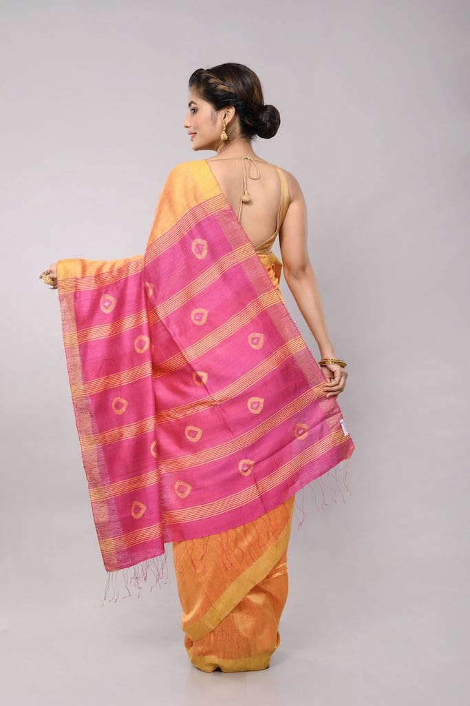 Yellow Pink Handloom Jamdani Matka Silk Saree with Pink Pallu