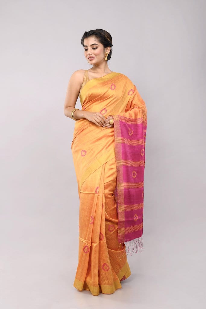 Yellow Pink Jamdani Matka Silk Saree | SHOBITAM