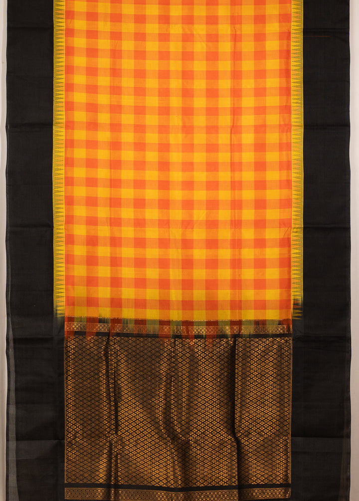 Yellow Orange Kattam Kanchi Silk Cotton Saree Manikyam | SHOBITAM