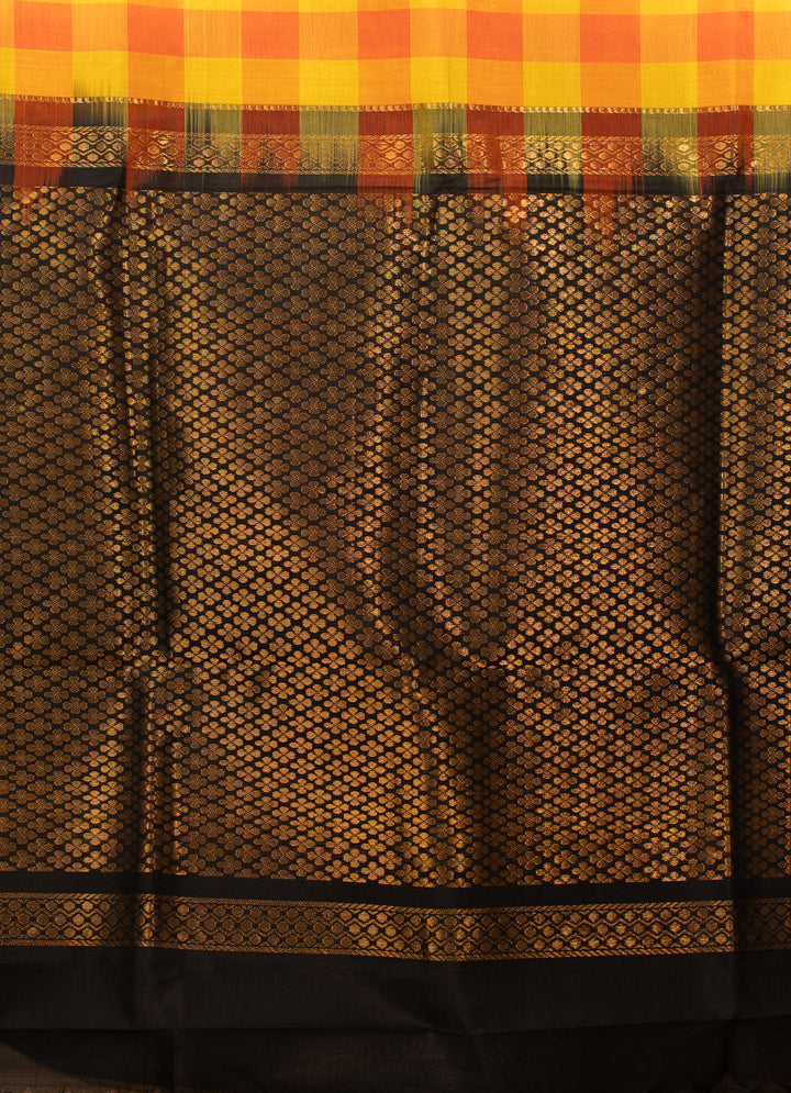 Yellow Orange Kattam Kanchi Silk Cotton Saree Manikyam | SHOBITAM