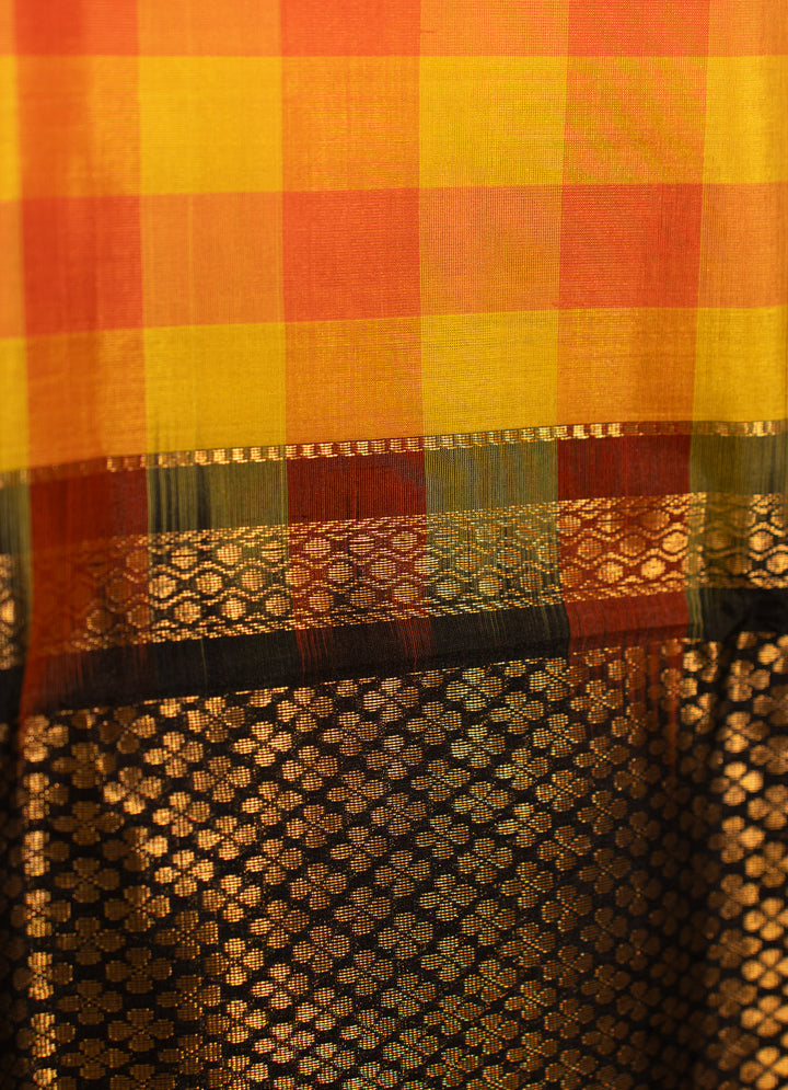 Yellow Orange Kattam Kanchi Silk Cotton Saree Manikyam | SHOBITAM