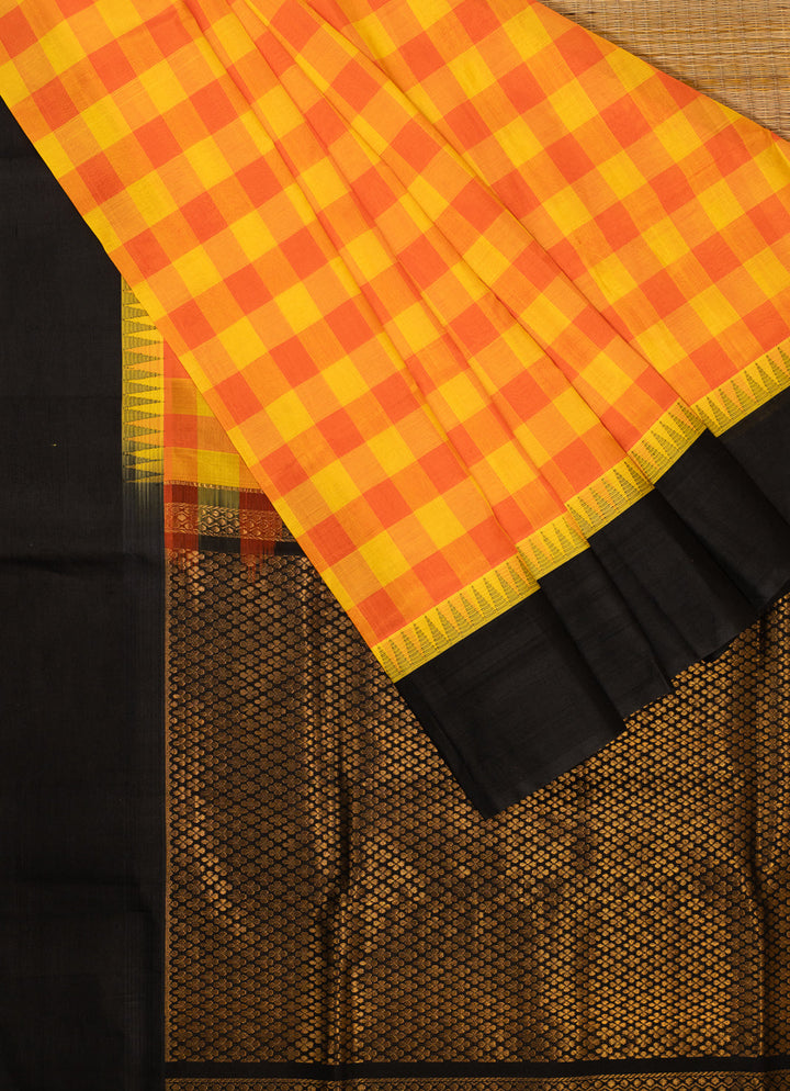 Yellow Orange Kattam Kanchi Silk Cotton Saree Manikyam | SHOBITAM