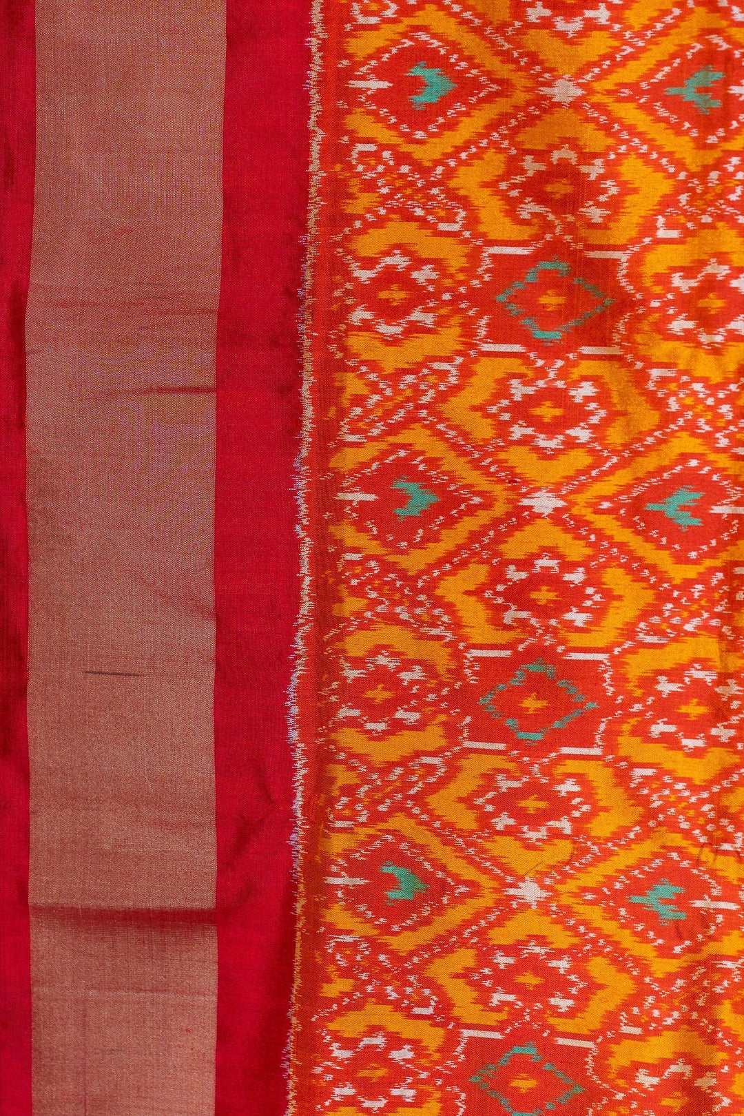 Yellow Red Pochampally Ikkat Patola Design Silk Saree Devasena | SILK MARK CERTIFIED |SHOBITAM
