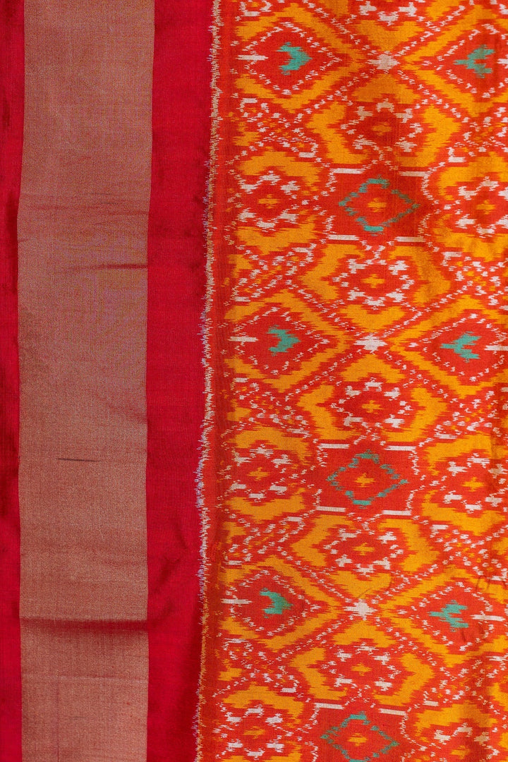 Yellow Red Pochampally Ikkat Patola Design Silk Saree Devasena | SILK MARK CERTIFIED |SHOBITAM