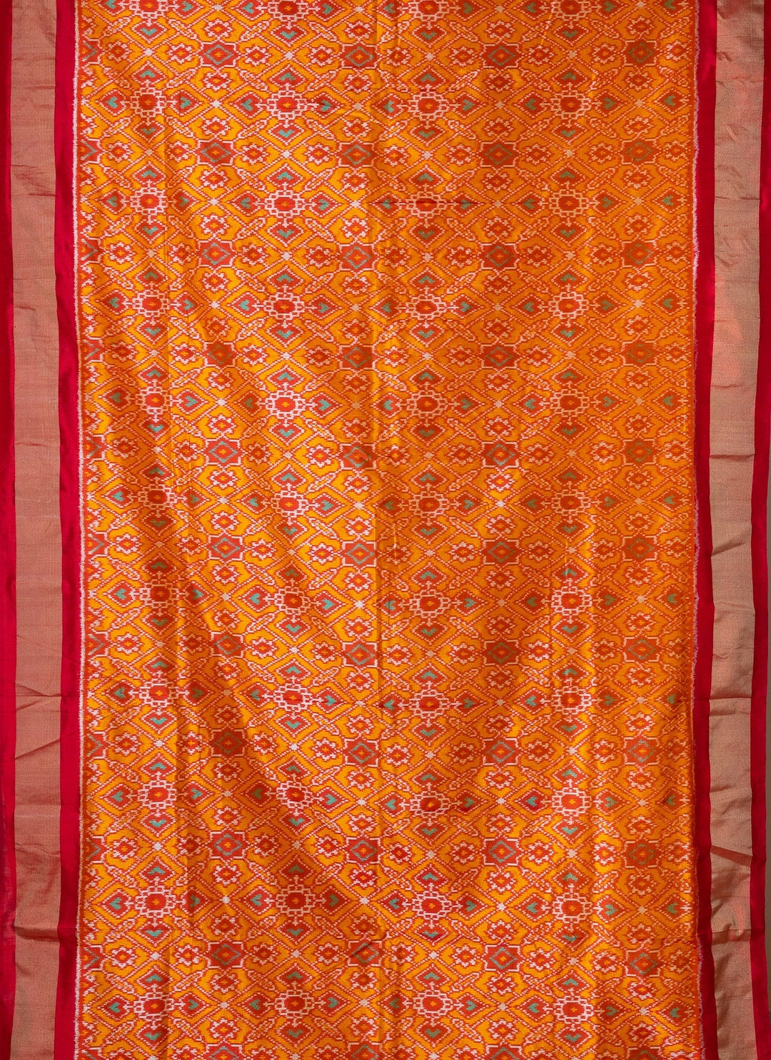 Yellow Red Pochampally Ikkat Patola Design Silk Saree Devasena | SILK MARK CERTIFIED |SHOBITAM