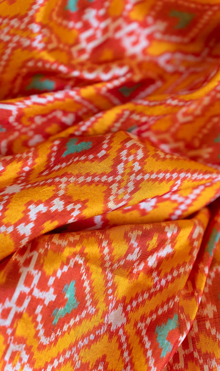 Yellow Red Pochampally Ikkat Patola Design Silk Saree Devasena | SILK MARK CERTIFIED |SHOBITAM