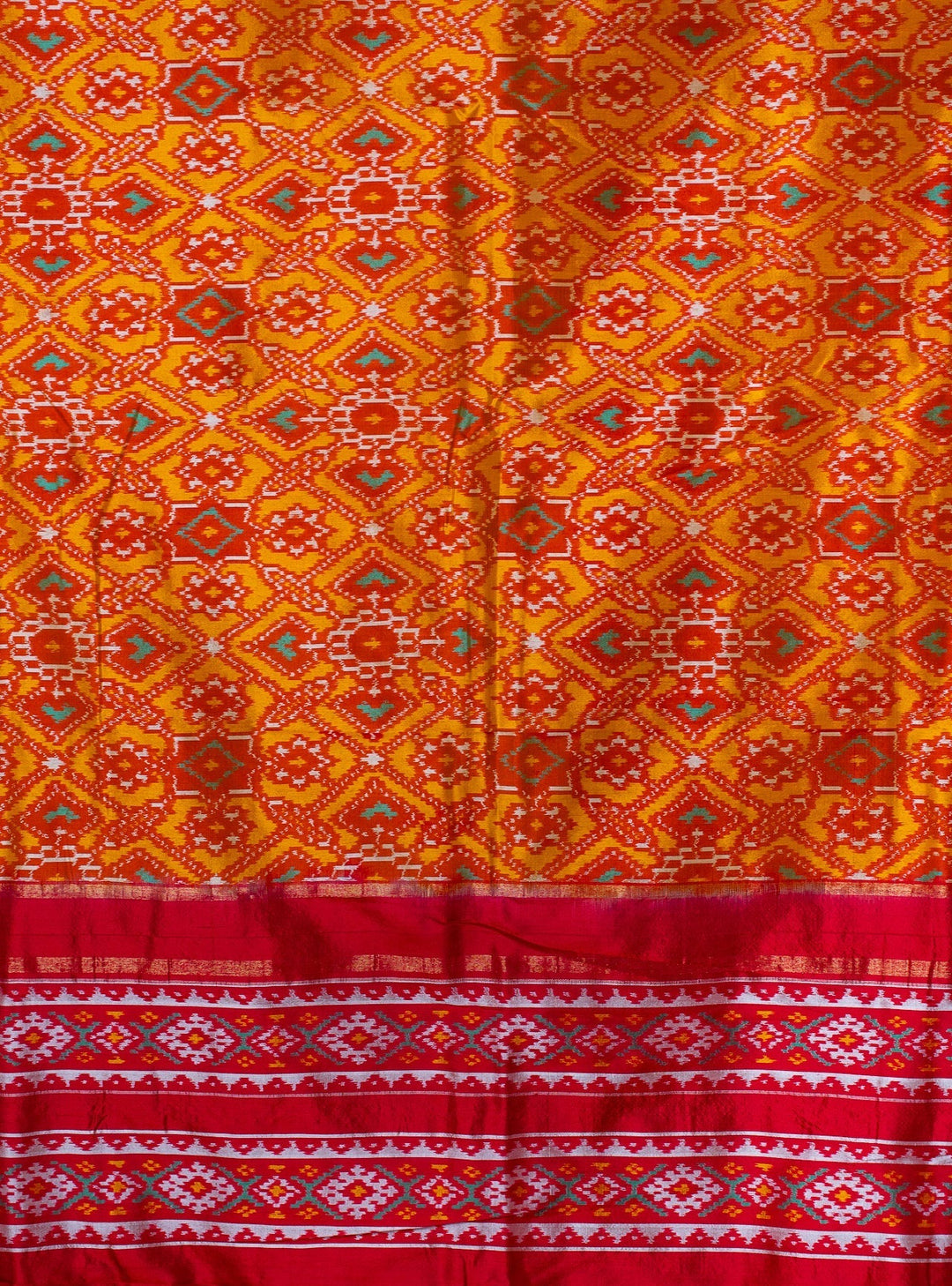 Yellow Red Pochampally Ikkat Patola Design Silk Saree Devasena | SILK MARK CERTIFIED |SHOBITAM