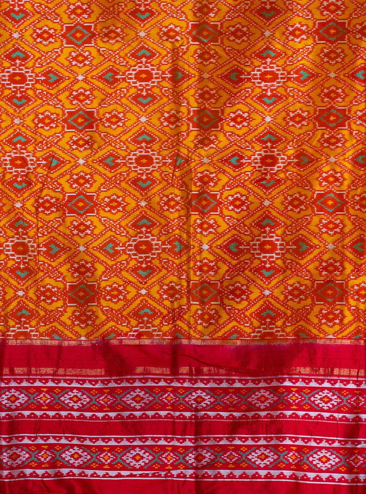 Yellow Red Pochampally Ikkat Patola Design Silk Saree Devasena | SILK MARK CERTIFIED |SHOBITAM