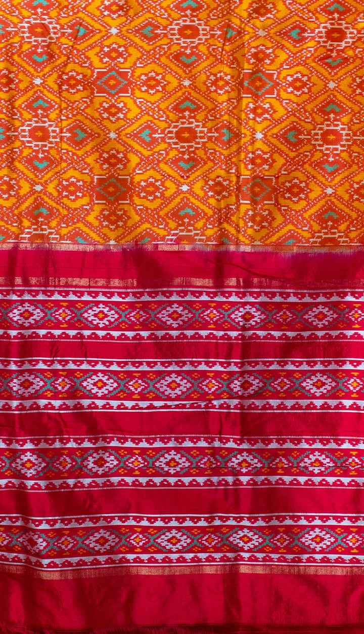 Yellow Red Pochampally Ikkat Patola Design Silk Saree Devasena | SILK MARK CERTIFIED |SHOBITAM