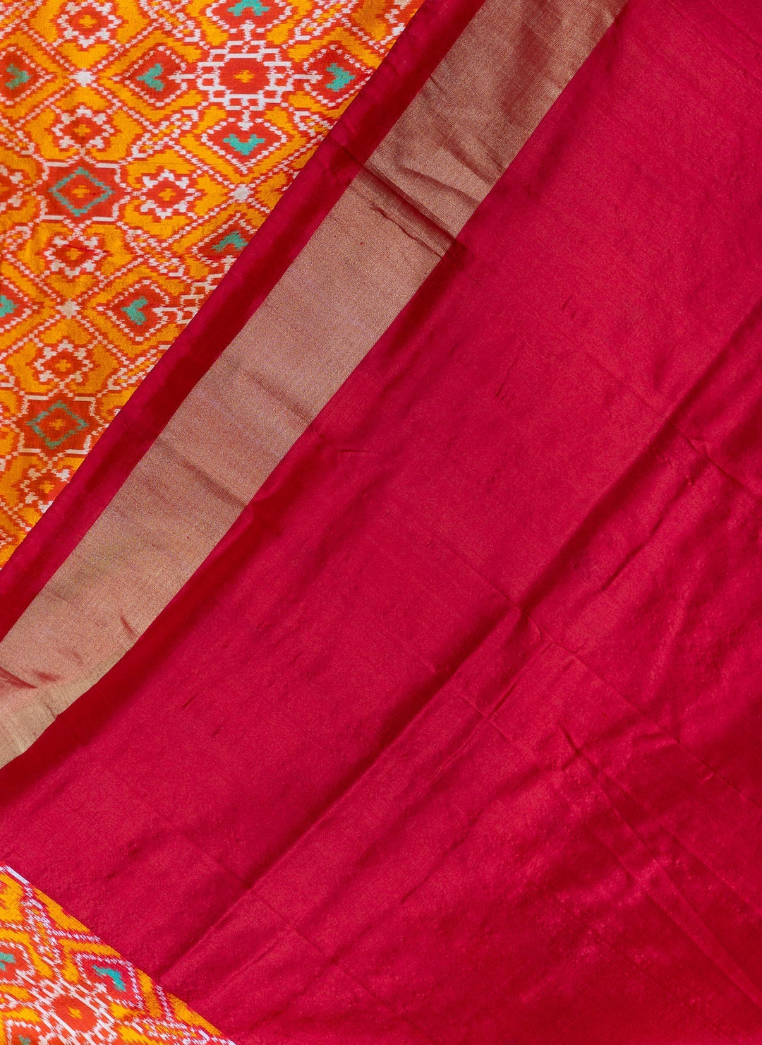 Yellow Red Pochampally Ikkat Patola Design Silk Saree Devasena | SILK MARK CERTIFIED |SHOBITAM