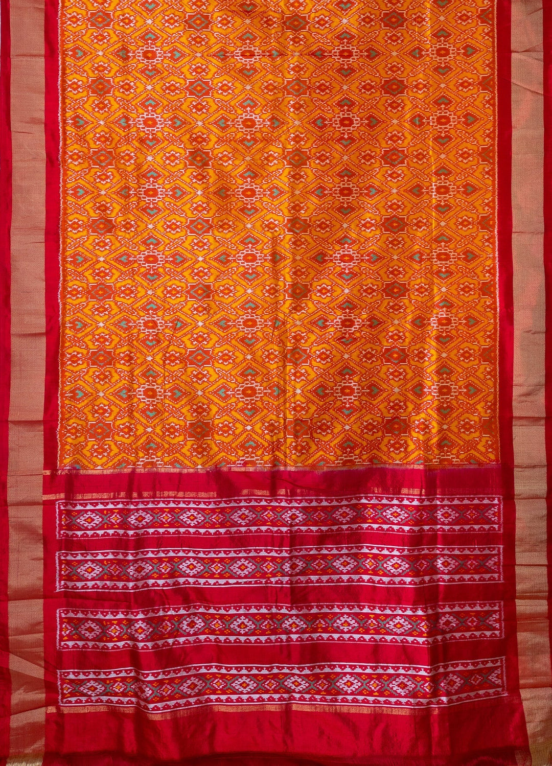 Yellow Red Pochampally Ikkat Patola Design Silk Saree Devasena | SILK MARK CERTIFIED |SHOBITAM
