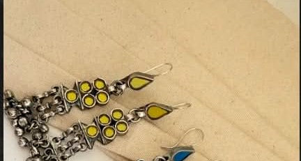 Yellow Real Glass Earrings in Brass with Antique Silver Polish |SHOBITAM