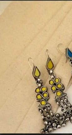 Yellow Real Glass Earrings in Brass with Antique Silver Polish |SHOBITAM